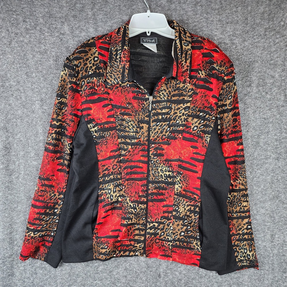 Vida Jacket Womens XL 2859 Red Black Gold Animal Print Burnout Zip Up EUC